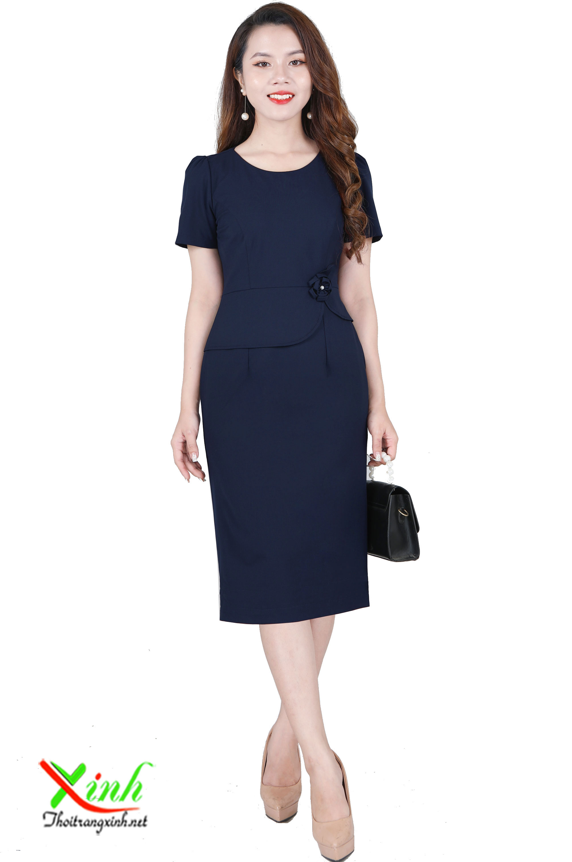 Đầm Peplum Xanh Đen Kết Hoa Thủ Công DL806