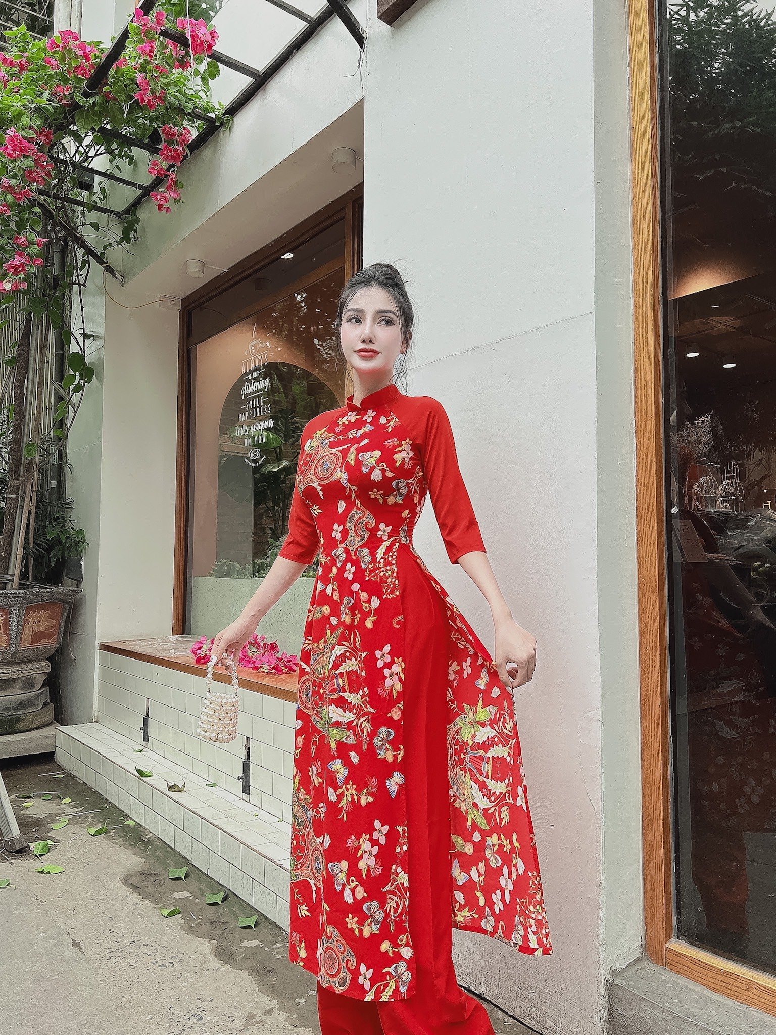 [4.4 Hoàn tiền 15%]Áo dài tay phối họa tiết hoa-AD19