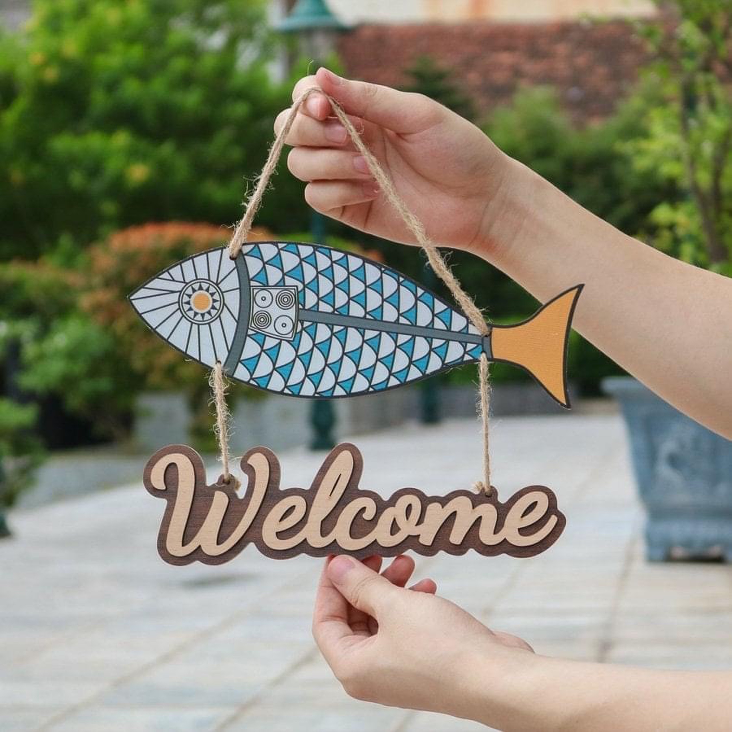 Bảng biển gỗ treo cửa, bảng decor trang trí welcome hình xương rồng