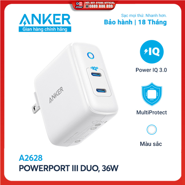 Sạc ANKER PowerPort III Duo 36W 2 cổng USB-C công nghệ PIQ 3.0 - A2628