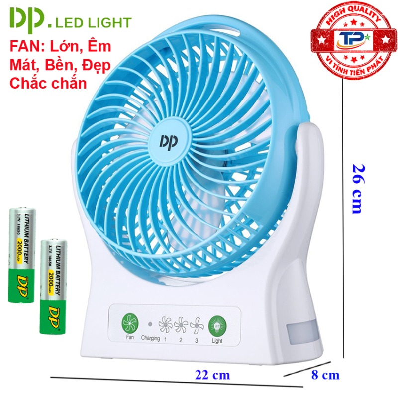 Quạt sạc tích điện DP DP-7605 / DP-1425C tích hợp đèn LED chiếu sáng - loại quạt lớn gió rất mạnh (xanh)