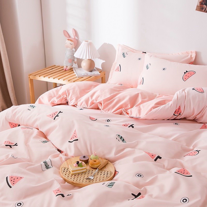 Chăn ga gối cotton poly - Mẫu dưa hấu hồng.