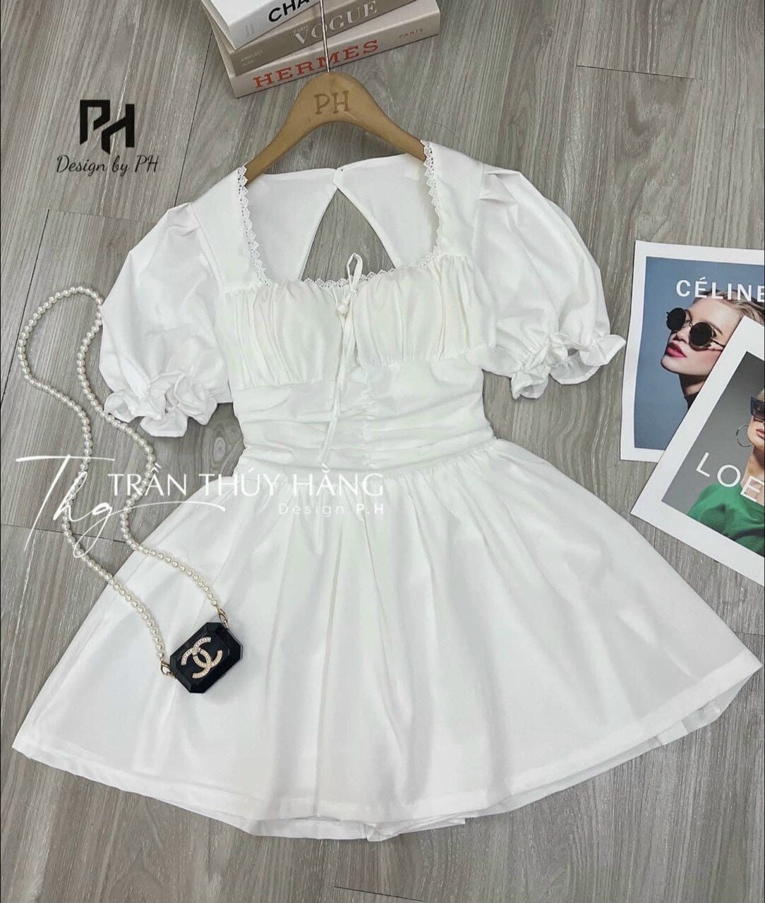 Đầm Xòe Tiểu Thư Bo Eo Tay Phồng Hở Lưng