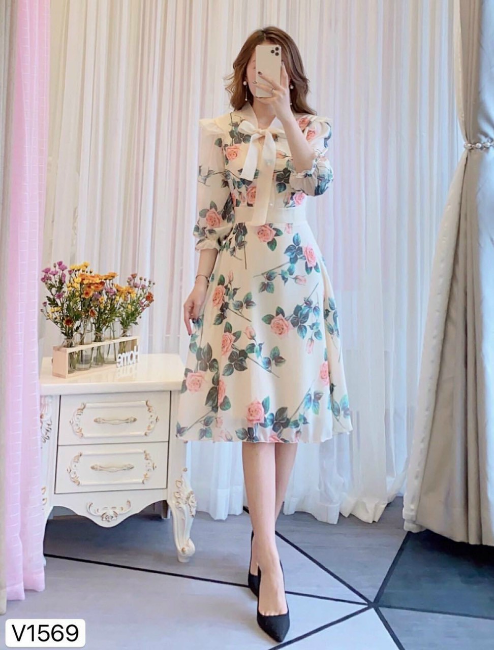 [HCM]Đầm hoa tay lỡ cổ cột nơ chất voan lụa cao cấp #damhoanoco