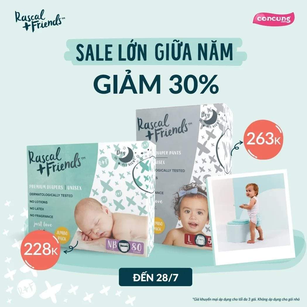 Bỉm/Tã dán Rascal & Friends size NB80 miếng (<=5kg) dành cho sơ sinh