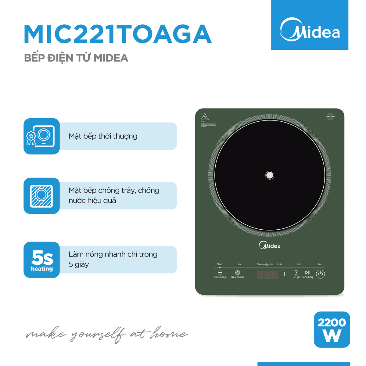 Bếp từ Midea MIC221T0AGG (Công suất 2200W, Có Chế Độ Sôi Liu Riu)