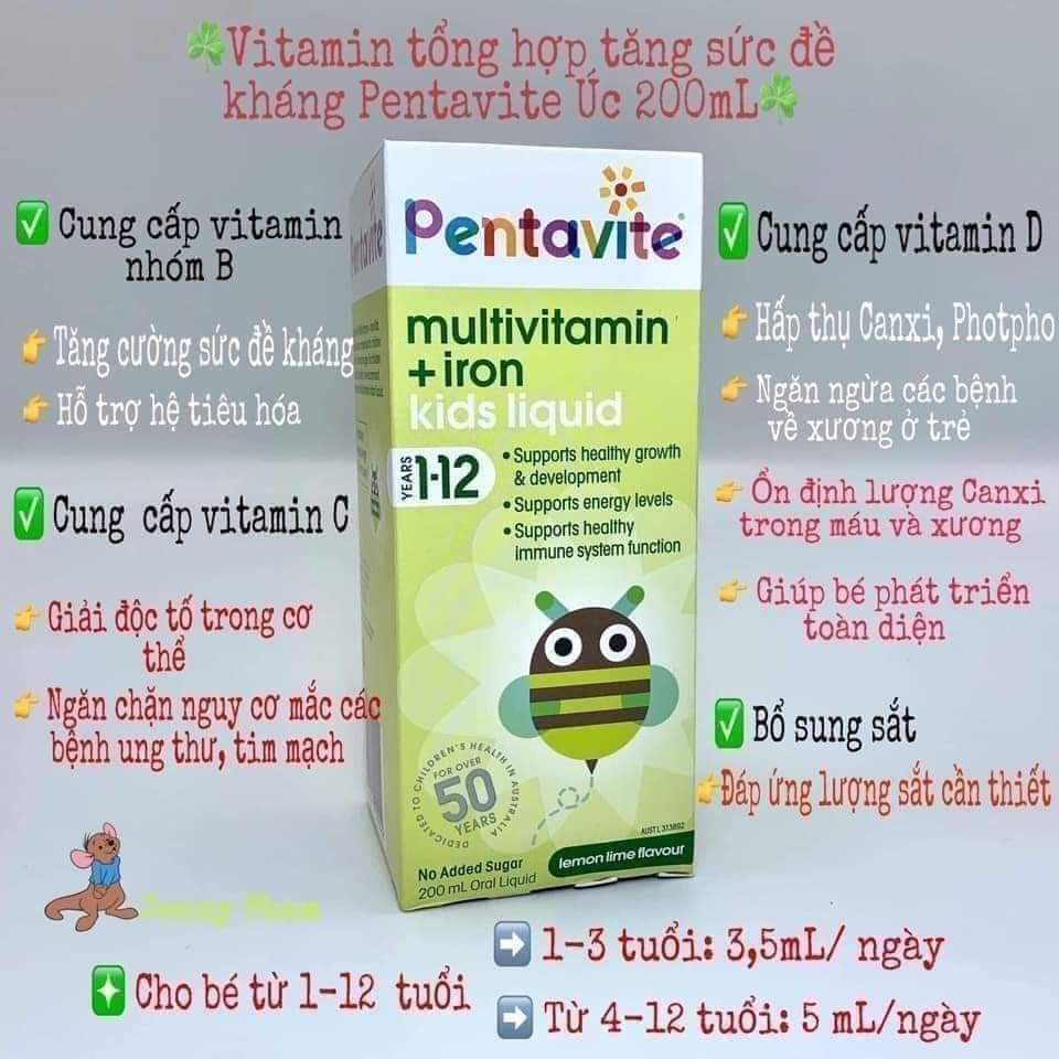 Siro Pentavite Multi Vitamin+ Iron-𝗩𝗶𝘁𝗮𝗺𝗶𝗻 𝘁𝗼̂̉𝗻𝗴 𝗵𝗼̛̣𝗽 𝘃𝗼̛́𝗶 𝗦𝗮̆́𝘁 𝗰𝗵𝗼 𝗯𝗲́ 𝘁𝘂̛̀ 𝟭 -𝟭𝟮 tuổi 200ml