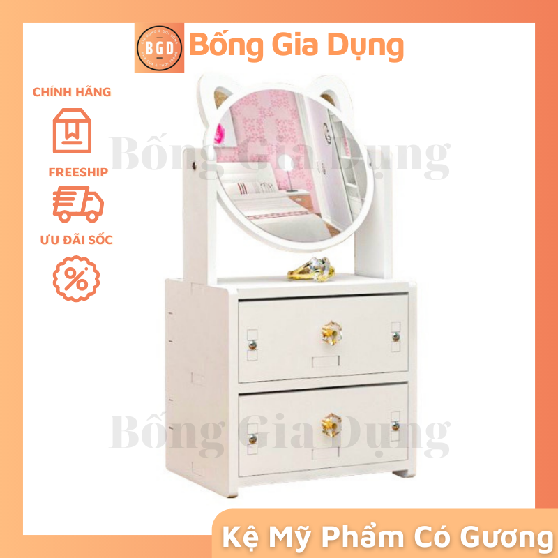 Kệ đựng mỹ phẩm 2 tầng mini kệ gương tai mèo xinh xắn đựng nước hoa, son phấn, đựng đồ trang điểm thông minh