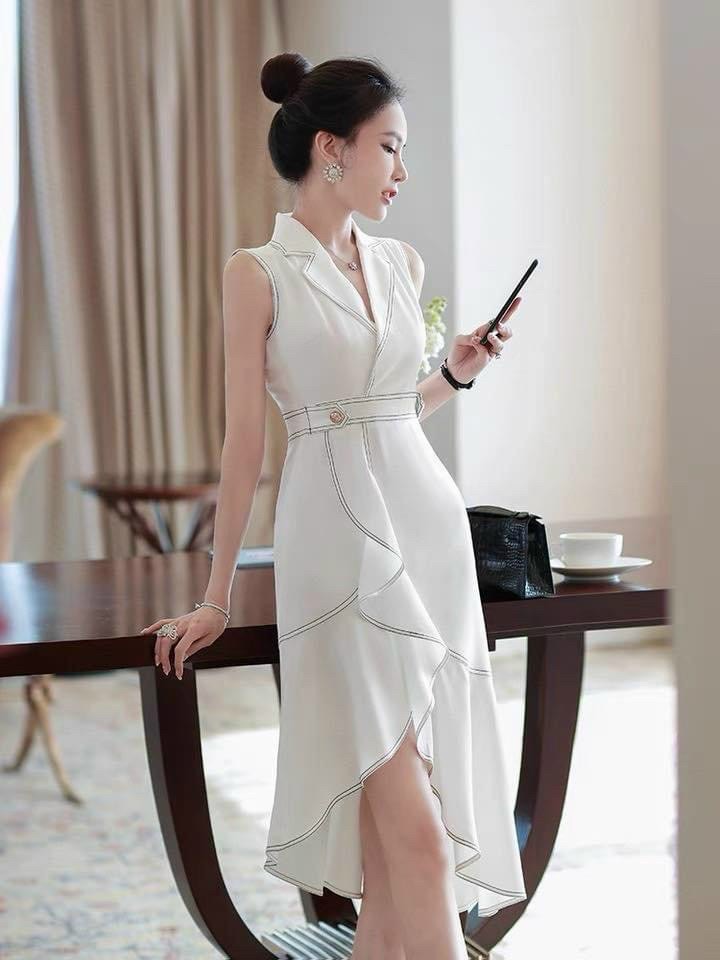Đầm váy trắng đi tiệc cổ vest viền chỉ đen