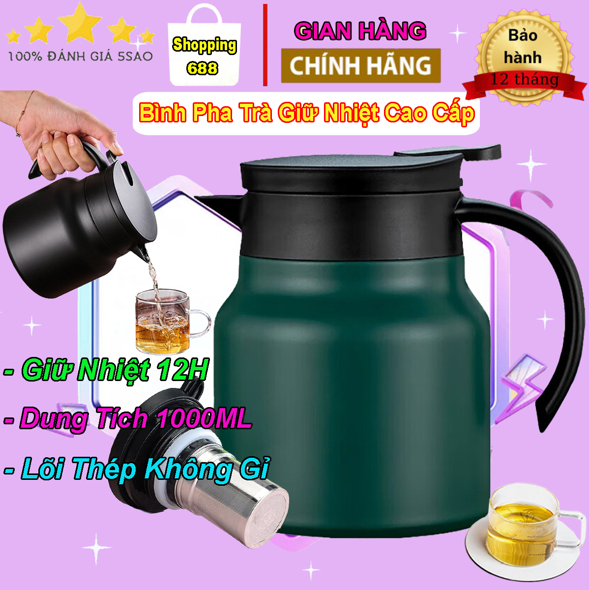 Ấm pha trà giữ nhiệt, ấm pha trà giữ nhiệt có lõi lọc, dung tích 1000ml, chất liệu inox 316 cao cấp, an toàn cho sức khỏe, bình pha trà giữ nhiệt liên tục 12h, ấm pha trà, ấm pha trà inox 304, ấm pha cà phê, ấm giữ nhiệt
