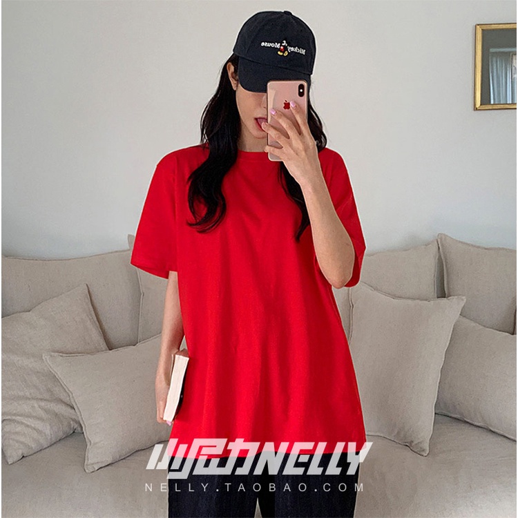 Áo phông Nelly Heybig tay ngắn basic trơn màu đỏ chất cotton 100%