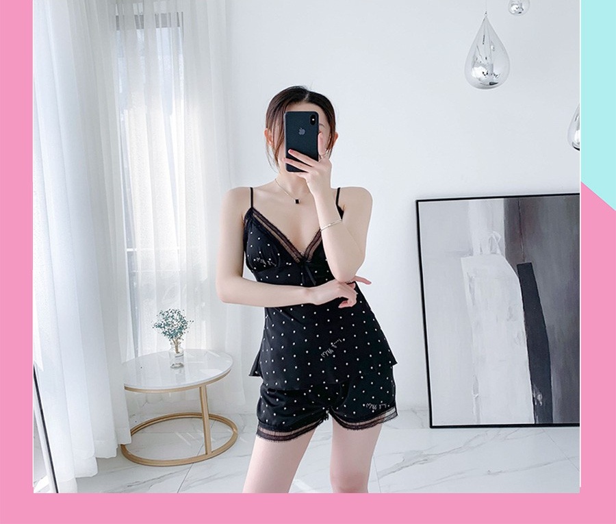 [Hàng Cao Cấp] Bộ Đồ Ngủ Hai Dây Lụa Phối Ren Mút Mỏng Chấm Bi Sexy Tôn Da DN04