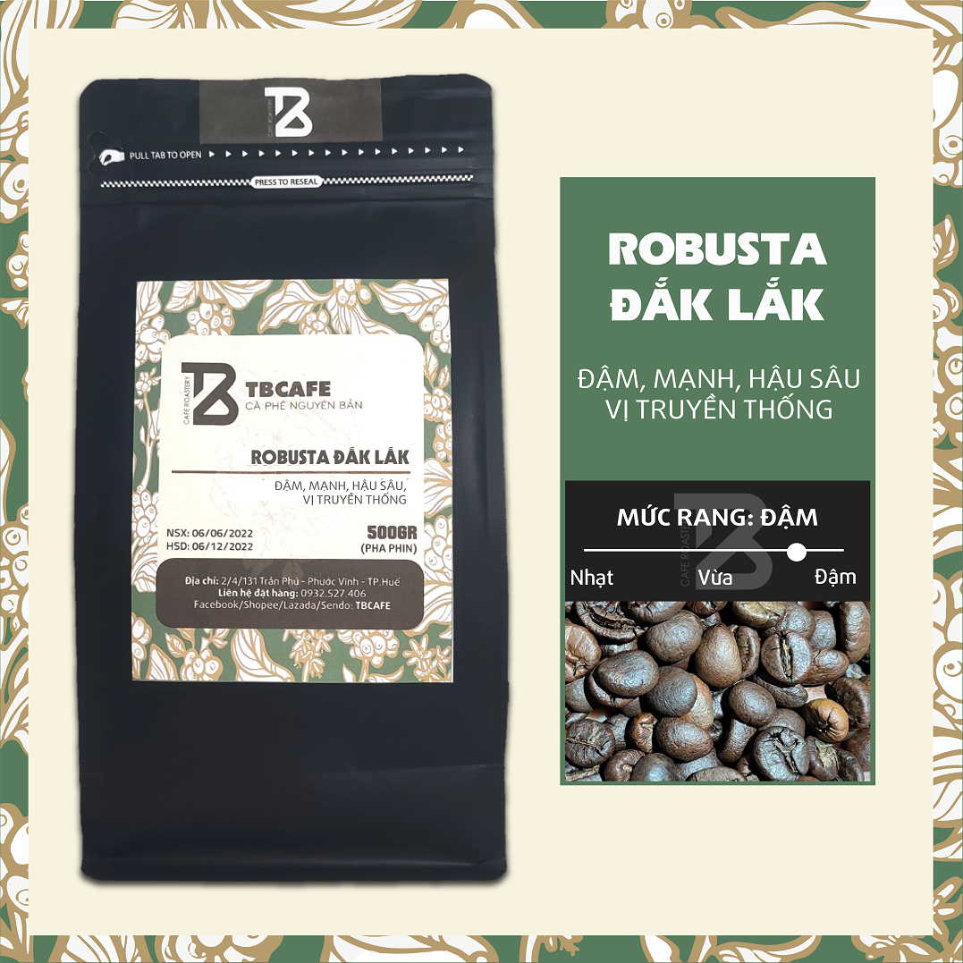 Cà phê Robusta Đắk Lắk [500g/ 1 túi] - 100% Cà phê mộc rang xay nguyên chất - TBCAFE