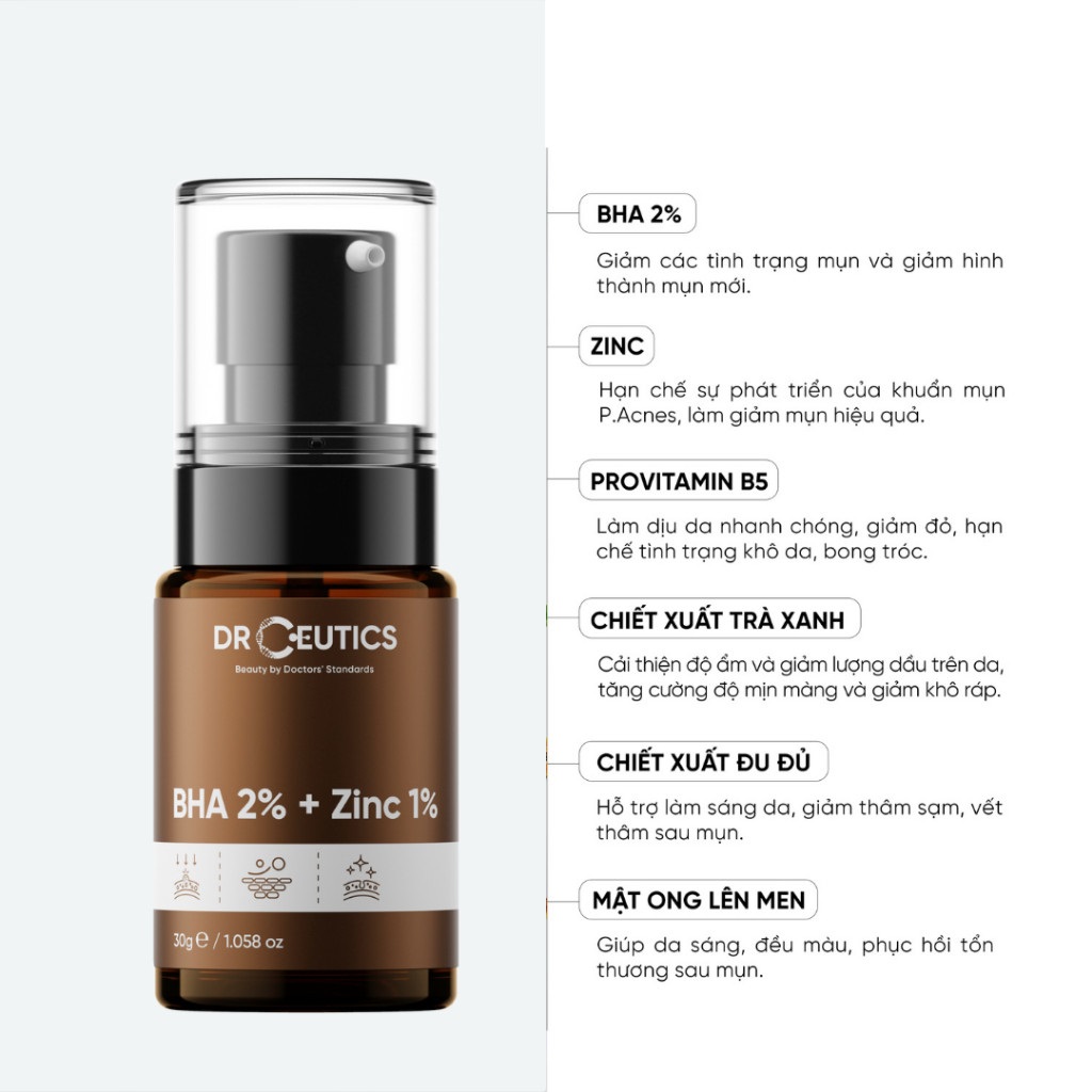 Combo 2 Serum Làm Đều Màu Da, Mờ Thâm Giảm Mụn DrCeutics (BHA 2% 30ml, Niacinamide 12% 30ml)