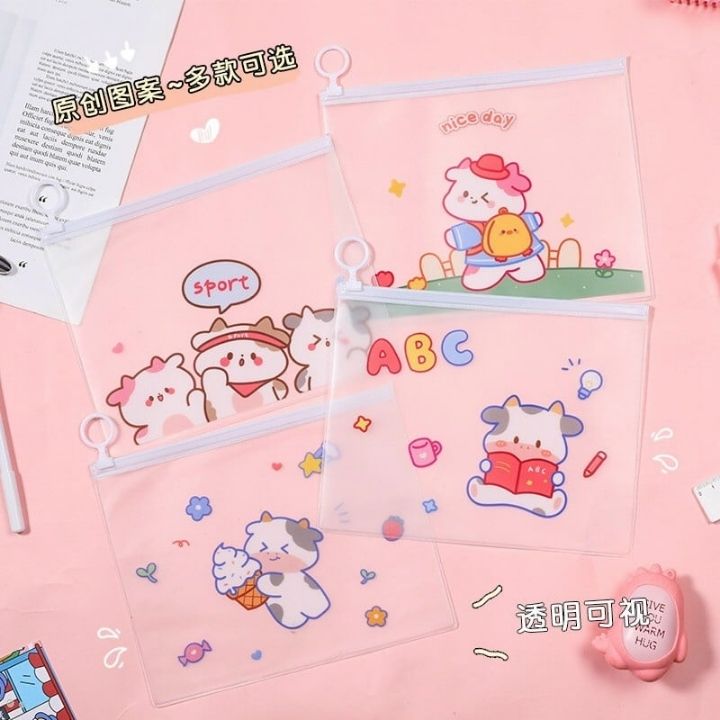 Túi Zip A5 Nhựa Dẻo Đựng Bút Đồ Dùng Hình Bò Sữa Siêu Cute