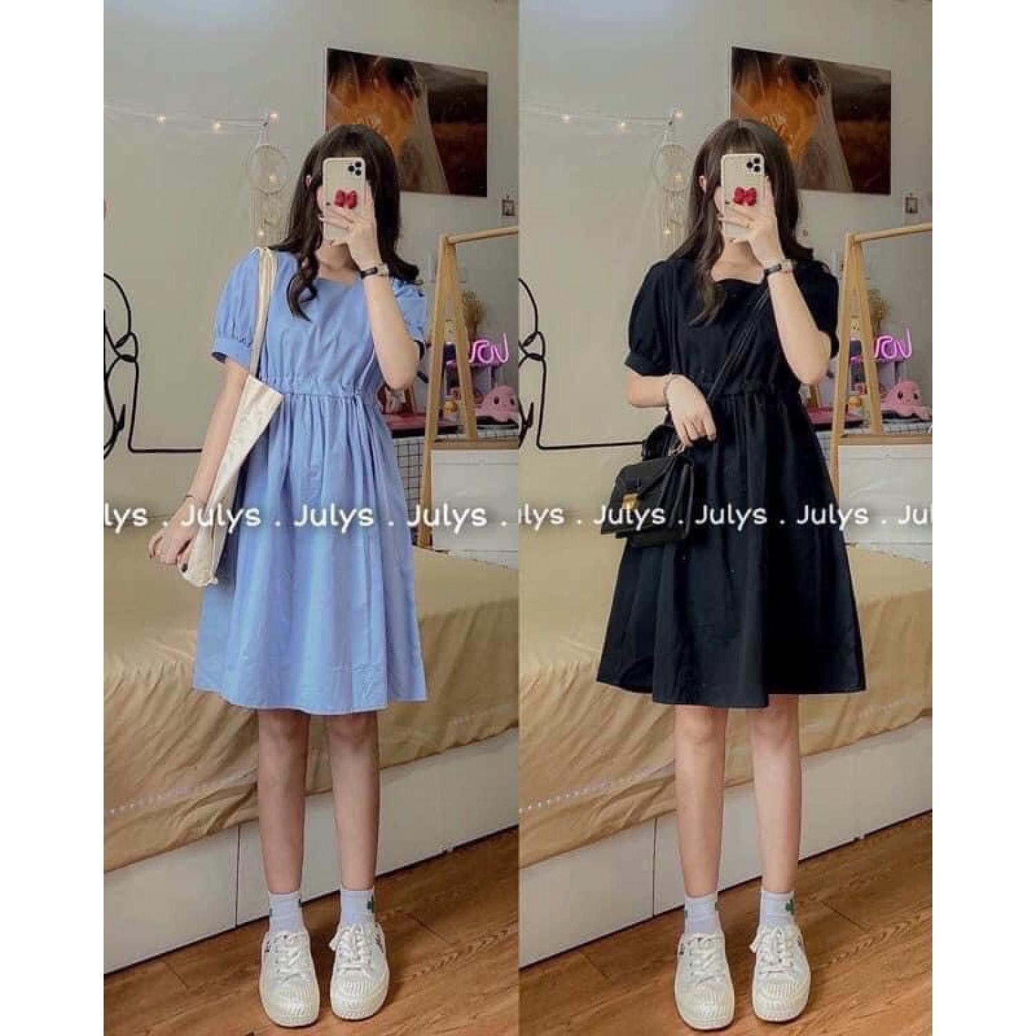 Váy cổ vuông chun eo - Đầm tiểu thư bánh bèo phong cách hàn quốc HARIQUEEN