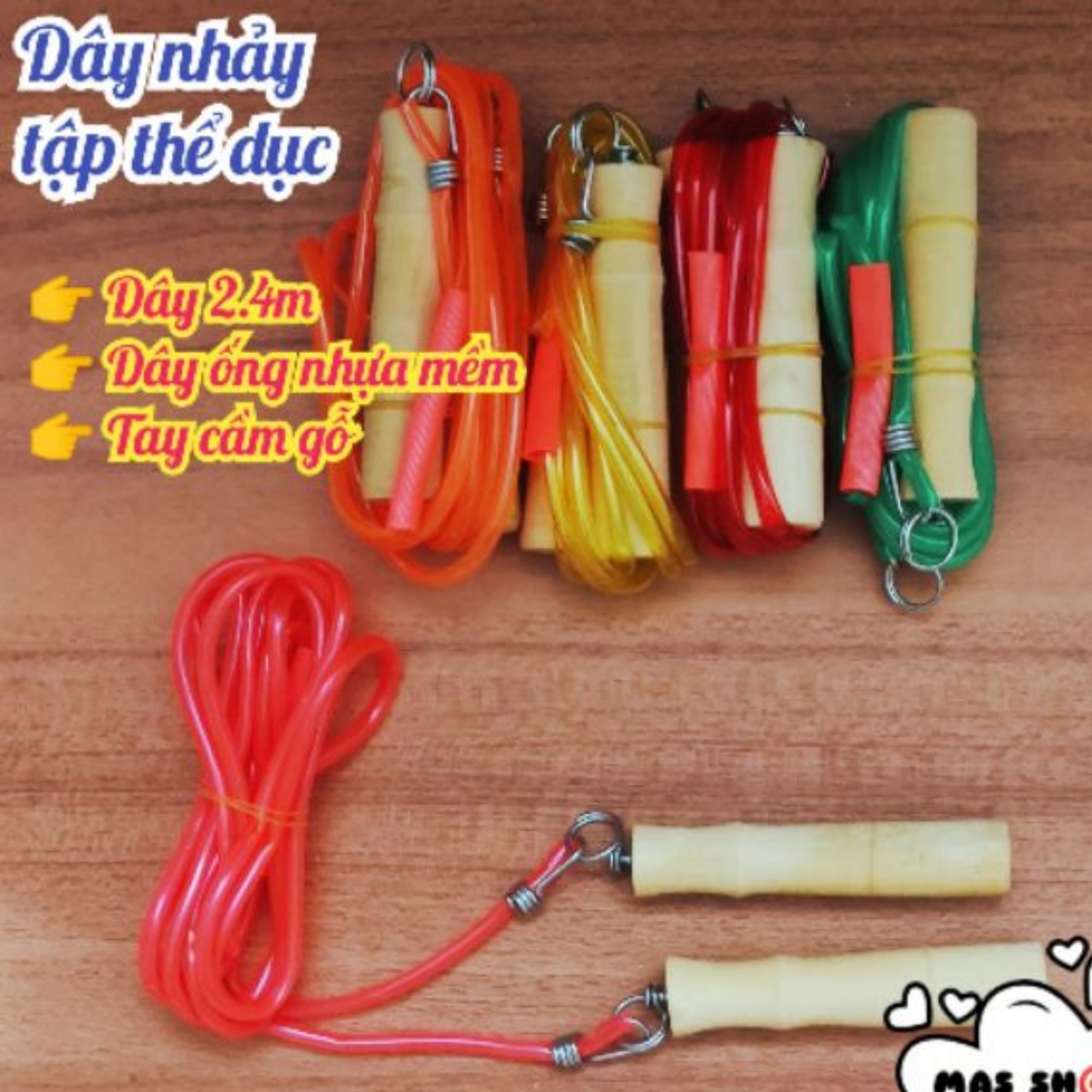 Dây nhảy tập thế dục, thể thao dài 2.4m, tay cầm gỗ (Giao màu ngẫu nhiên)