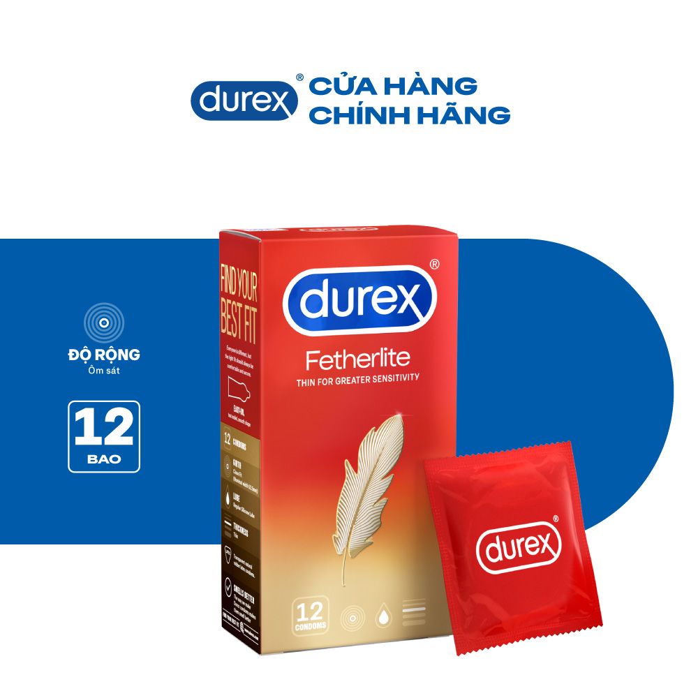 Bao cao su Durex Fetherlite siêu mỏng, size 52.5mm, 12 bao/hộp