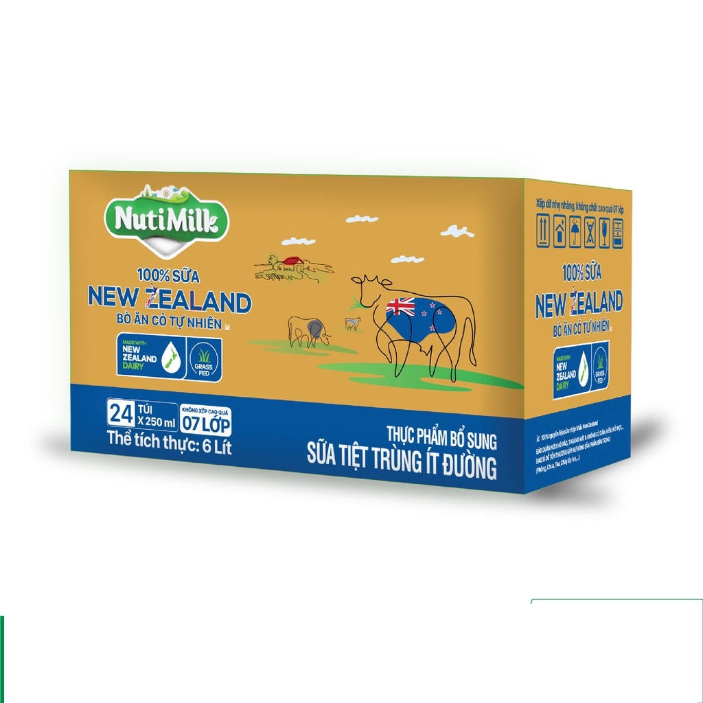 Thùng 24 túi bịch NutiMilk 100% Sữa New Zealand Bò ăn cỏ tự nhiên Ít đường