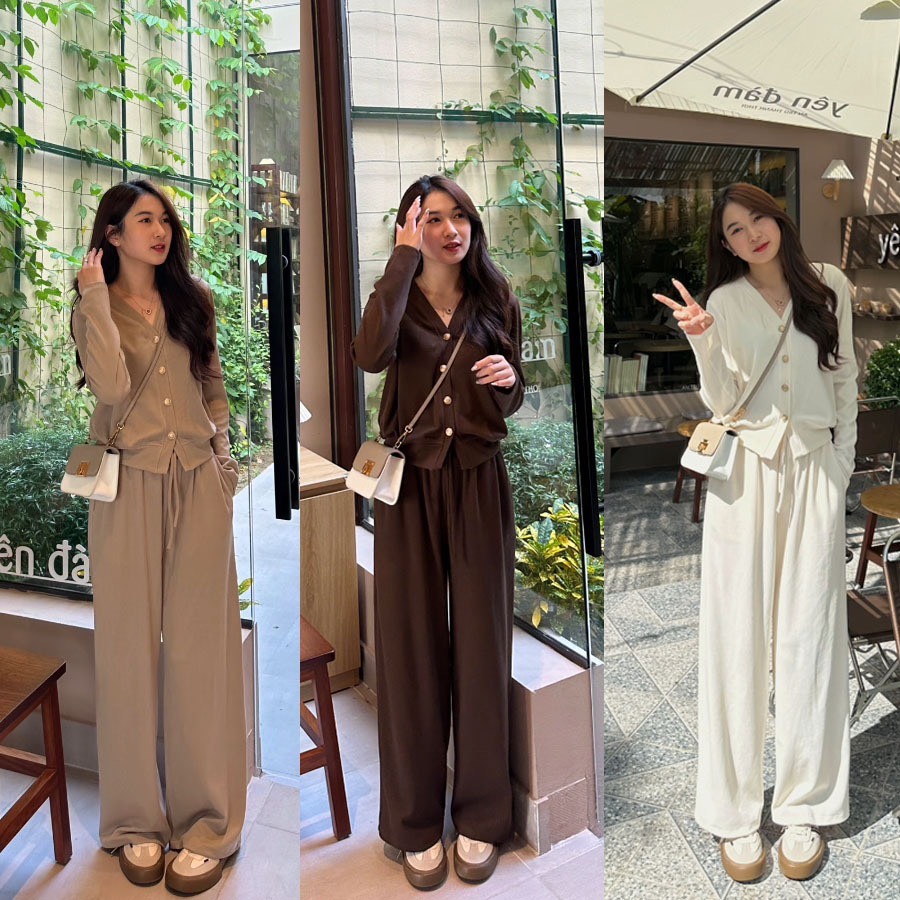 Set bộ đồ nữ áo dài tay phối khuy quần ống rộng nhiều màu dễ mặc