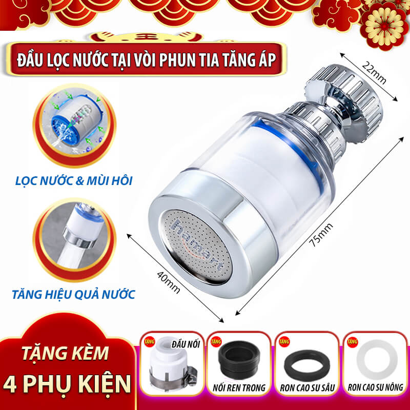 Đầu Nối Vòi Nước Tăng Áp Lọc Nước Bồn Rửa Chén Lavabo Xoay 360° Kèm Lõi Bông Lọc Sạch Nước Hiệuu Quả