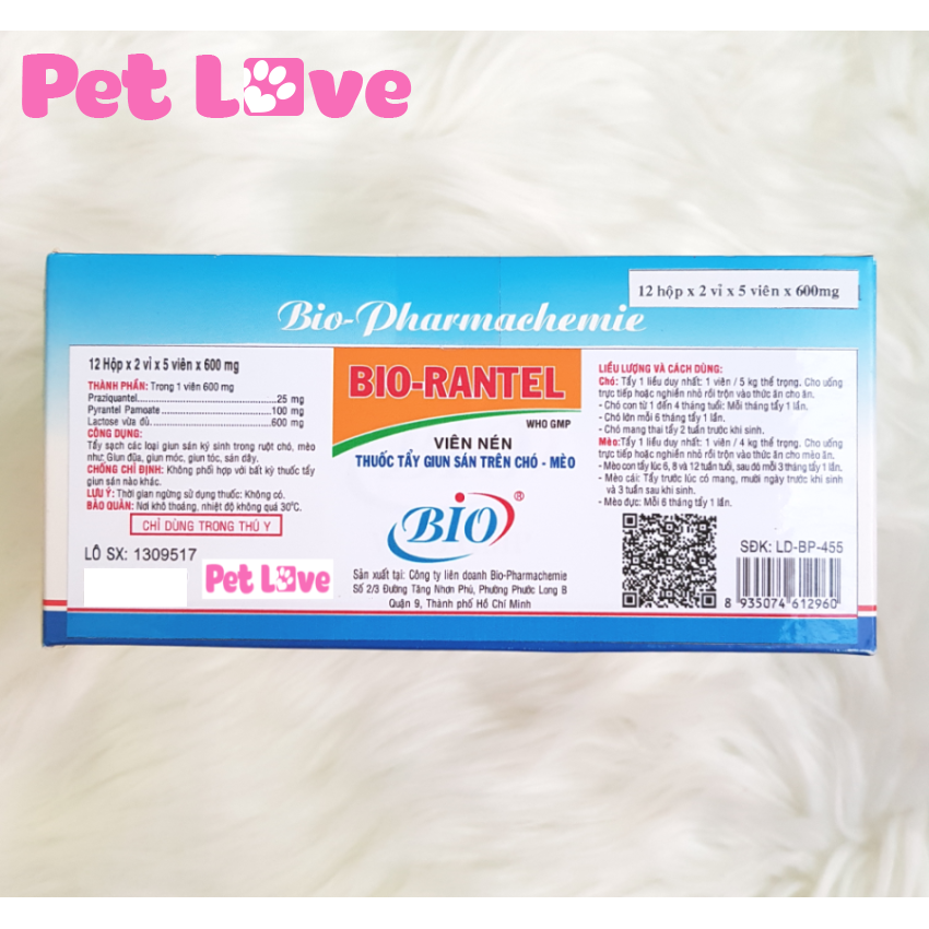 Bio Rantel xổ giun sán chó mèo 1 hộp x 120 viên