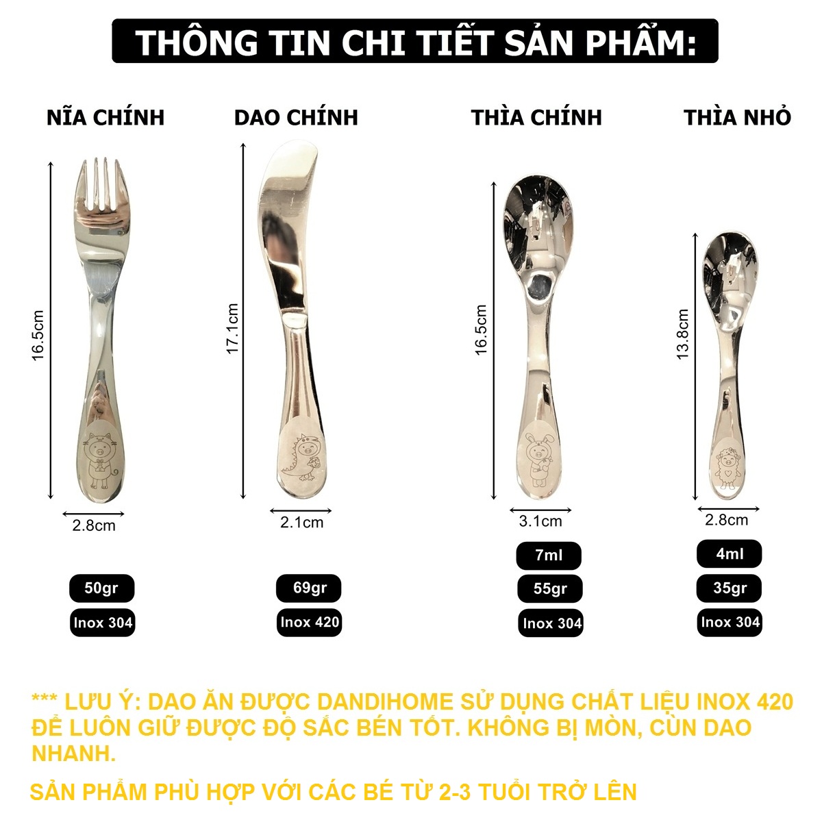 bộ dao thìa nĩa tập ăn cho bé dandihome inox 304 cao cấp - có các lựa chọn 2
