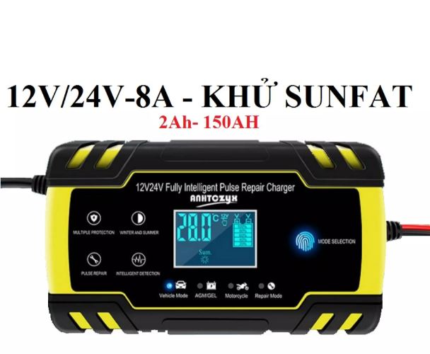 Máy sạc ắc quy điện tử 12V-24V/8A, khử sunfat phục hồi ắc quy, thông minh tự ngắt khi đầy, màn LCD và quạt tản nhiệt