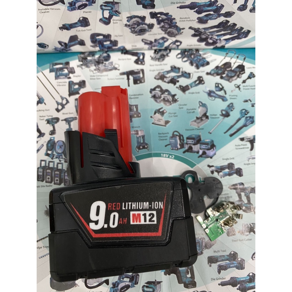 Vỏ mạch 9 cell Milwaukee 12V, mạch nhận sạc zin ( Full tem).