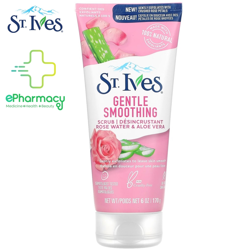 Sữa Rửa Mặt Tẩy Da Chết StIves Gentle Smoothing Rose Water, Aloe Vera Scrub hoa hồng và lô hội 170gr