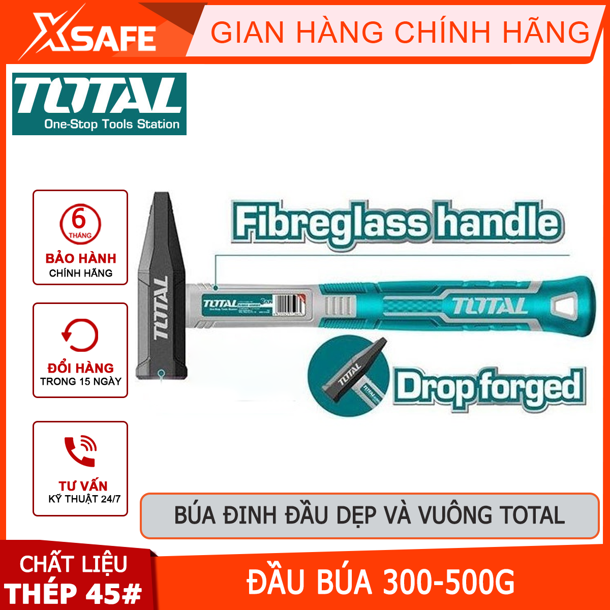 Búa đinh đầu dẹp và vuông TOTAL | búa đóng đinh trọng lượng 300500g thép carbon 45#, chịu nhiệt đóng đinh, tán đinh và nhổ đinh ở trên mọi bề mặt chất liệu