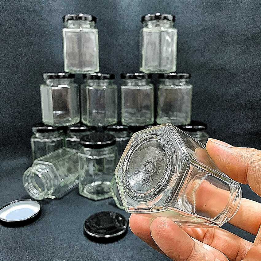 Hexagon pot 100ml – Black tin cap - combo 15 pots/jars