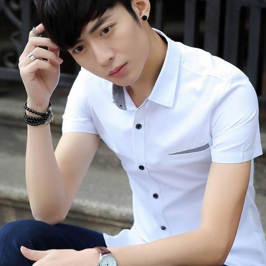 Áo sơ mi nam ngắn tay viền xám cổ ARIC-MEN vải kate không nhắn không xù