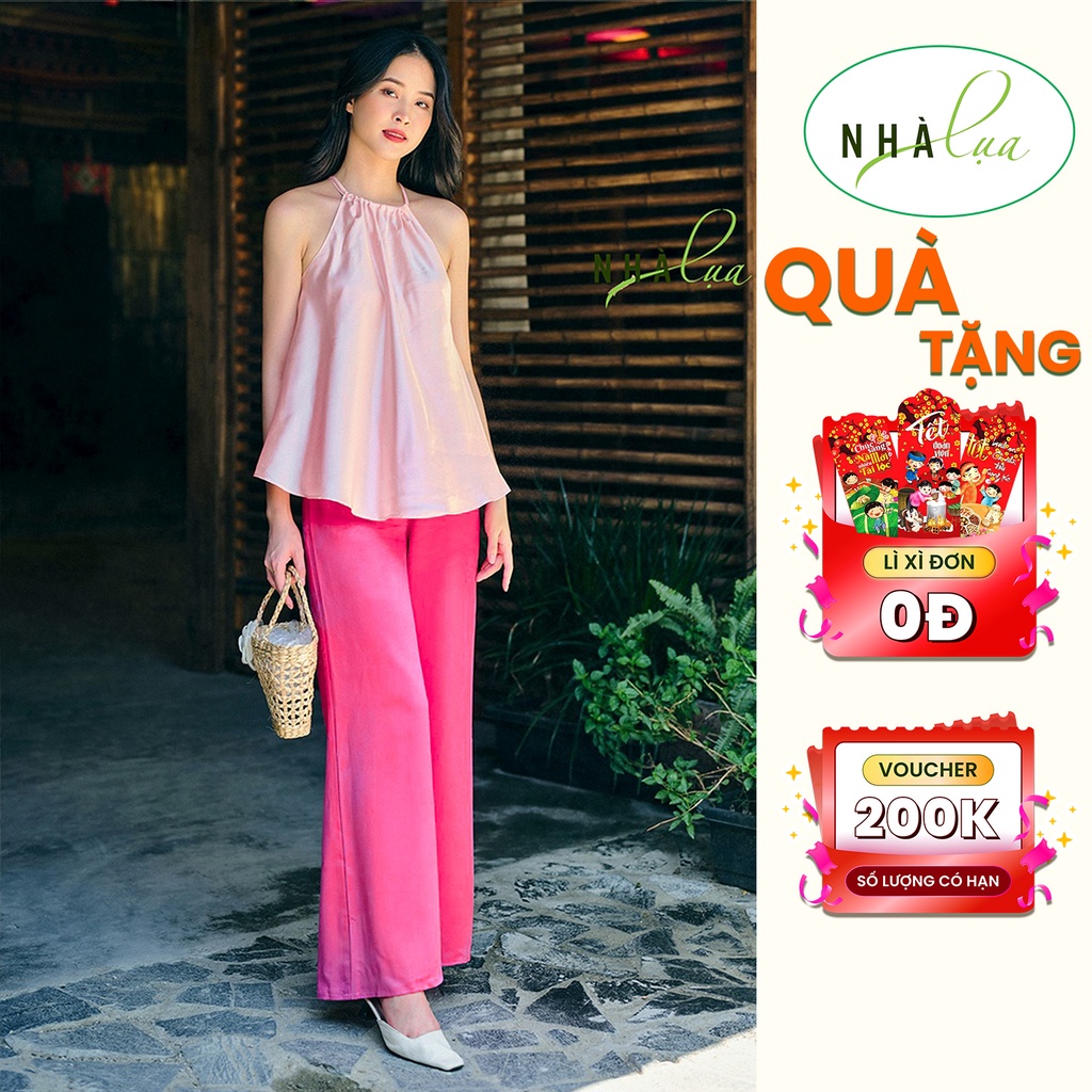 Set yếm lụa nữ bộ lụa Latin Thanh Minh quyến rũ đi biển màu hồng - set yếm quần lụa ống rộng mặc dạo phố Nhà Lụa SE005