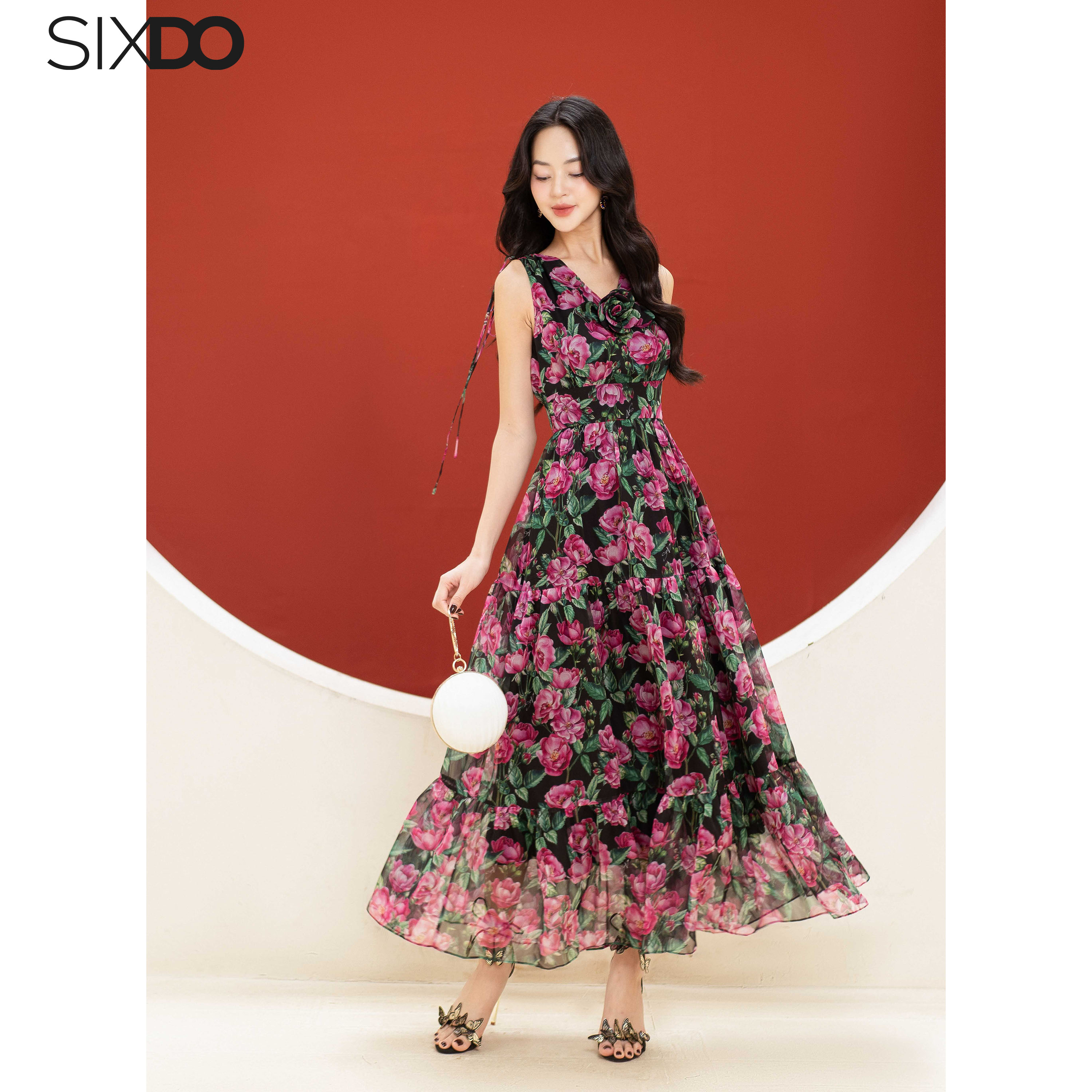 Đầm voan hoa maxi sát nách SIXDO (Black Rose Print Voile Maxi Dress)
