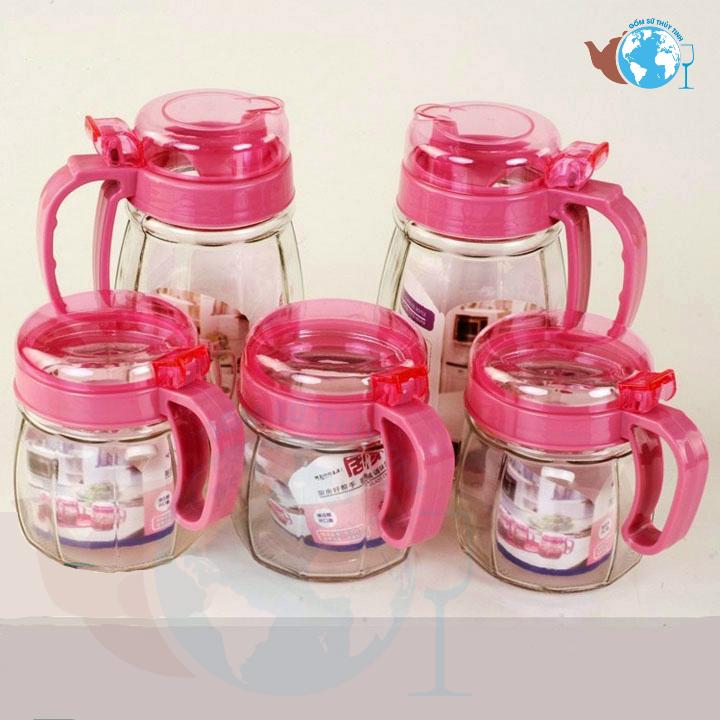 Bộ đựng gia vị thủy tinh set bộ 5 hũ gồm 2 bình rót và 3 hũ đựng