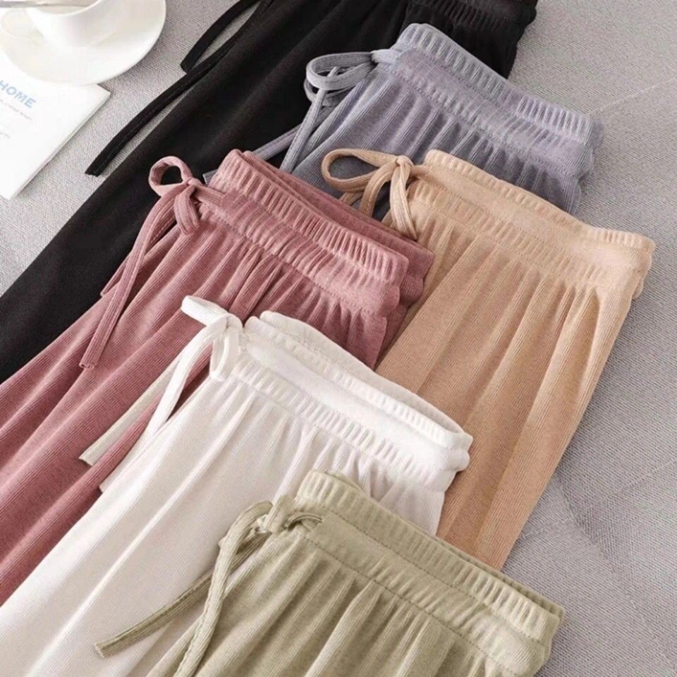 Quần ống rộng thun tăm lạnh - lưng cao - cạp chun dây rút dài - Quần culottes QUẦN ống thun tăm suông co dãn vải mềm - THỜI TRANG ALIBA