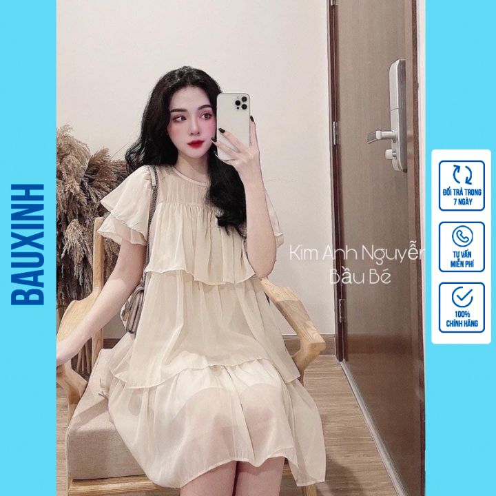 [FREESHIPMAX] váy bầu công sở-đầm bầu von xếp tầng