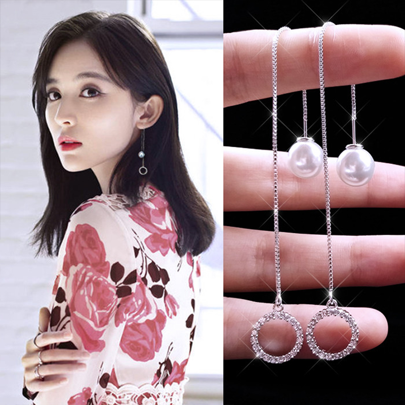 Bông tai nữ ngọc trai dáng dài vòng tròn nhỏ đá zircon