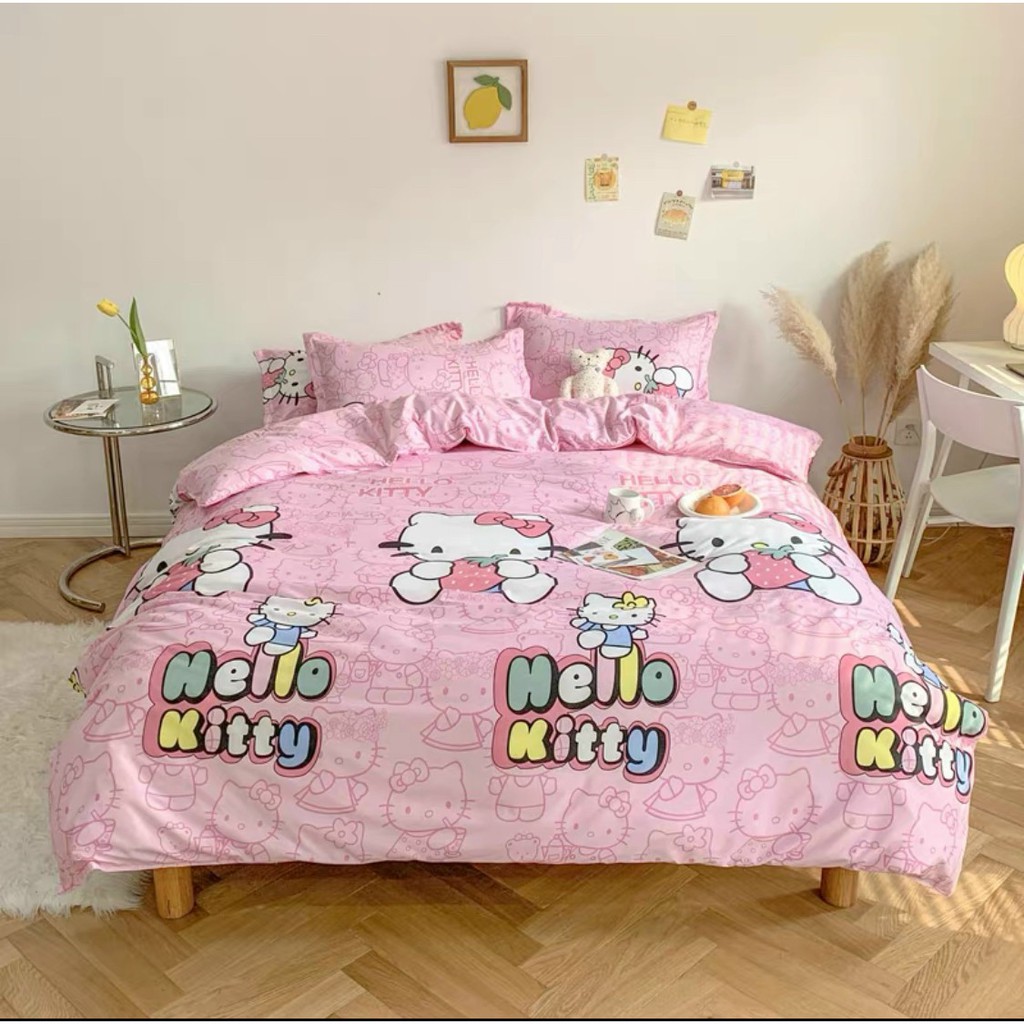 [HCM]Bộ Chăn Ga Cotton Poly Hello Kitty Hồng 4 Món-5 MÓN 1M6 x 2M ( 1 Drap + 2 Vỏ Gối Nằm  + 1 Vỏ Gối Ôm )