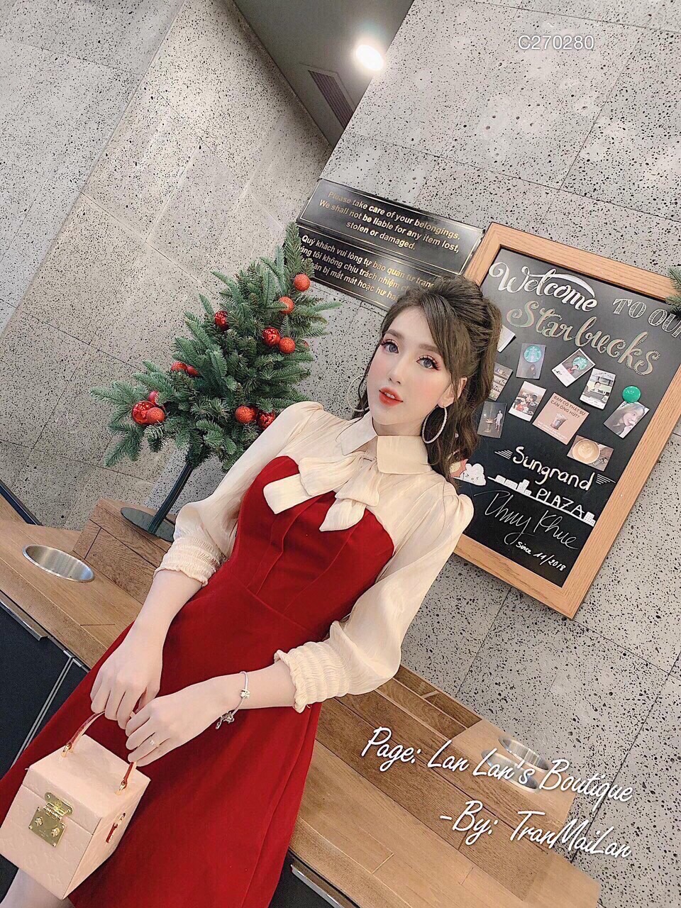 Đầm nữ tiểu thư cột nơ chất kate lụa phối voan cát 1 màu đỏ kèm hình thật