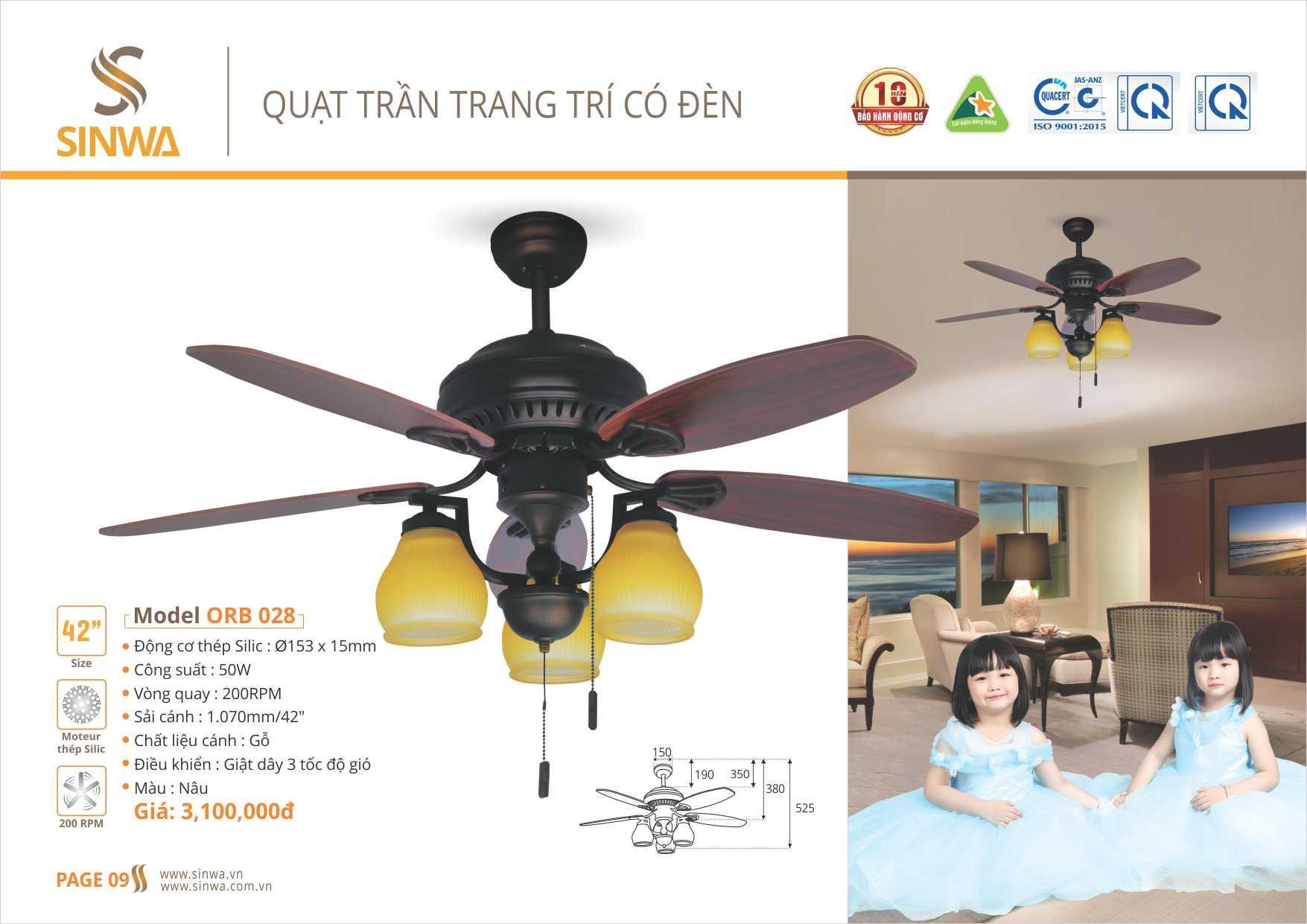 QUẠT TRẦN ĐÈN 42INH SINWA ORB028 (Hàng chính hãng)