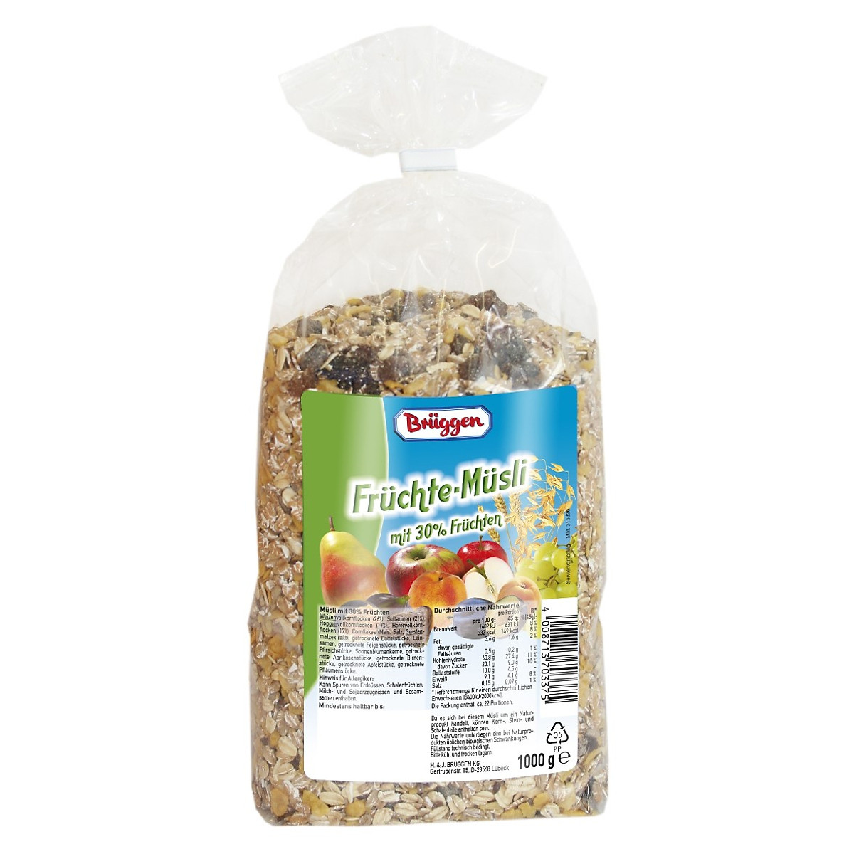 KM ĐẶC BIỆT Ngũ cốc Bruggen Fruchte Musli Đức Bịch 1kg 30% Trái cây sấy