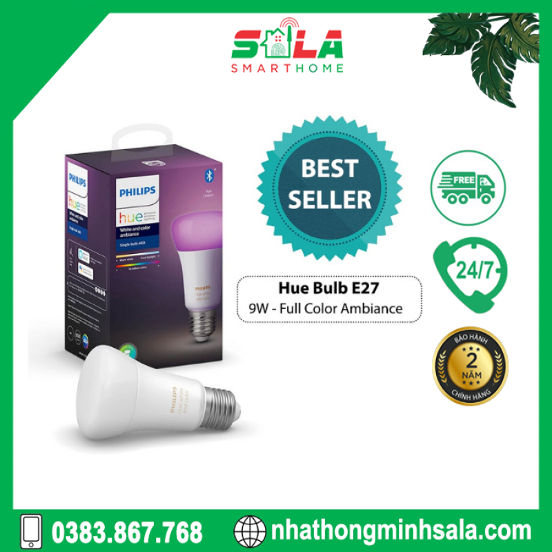 Bóng đèn thông minh Philips Hue White and Color Ambiance E27 Bluetooth 9W 16 triệu màu | Bảo hành chính hãng 2 Năm l SP tách KIT