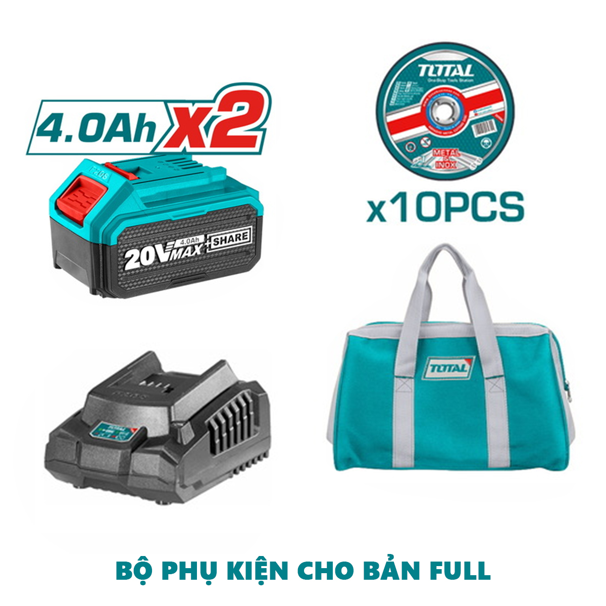 Máy mài góc dùng pin 20V TOTAL TAGLI201258 Motor không chổi than kèm 2 pin 4ah, 1 sạc, 1 túi đồ nghề, 10 đĩa mài
