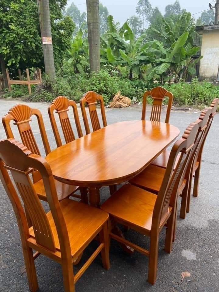 bàn ăn bầu dục 8 ghế gỗ trẹo