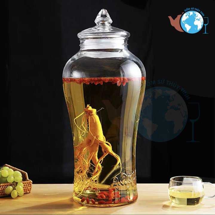 Bình ngâm sâm thủy tinh CAO LY chuẩn 8 lít, bình ngâm rượu thủy tinh trơn dáng chuẩn 8 lít, bình ngâm kiểu dáng đẹp sang trọng, ngâm gì cũng sang