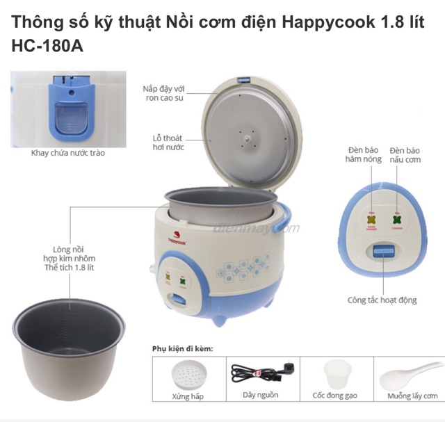 Nồi Cơm Điện 1L8 Happy Cook HC180A
