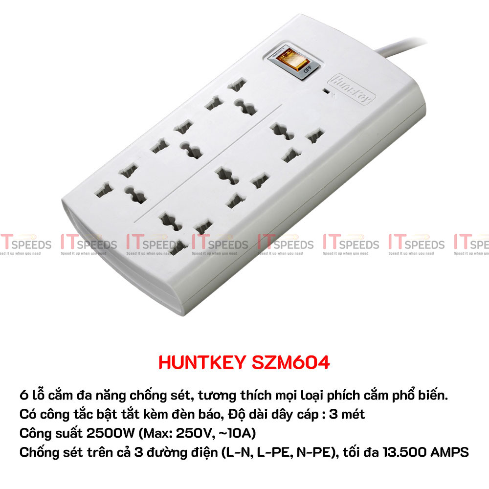 Ổ cắm điện đa năng huntkey 2500w 10a 220v, chống sét, có cầu chì chống quá tải, nhiều lỗ, có usb, chính hãng bh 36 tháng
