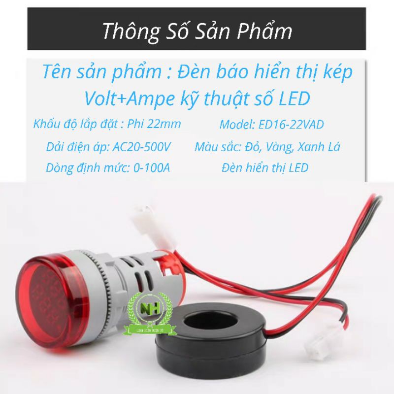 Đèn báo hiển thị kép Volt(20-500V) + Ampe(0-100A) ED16-22VAD